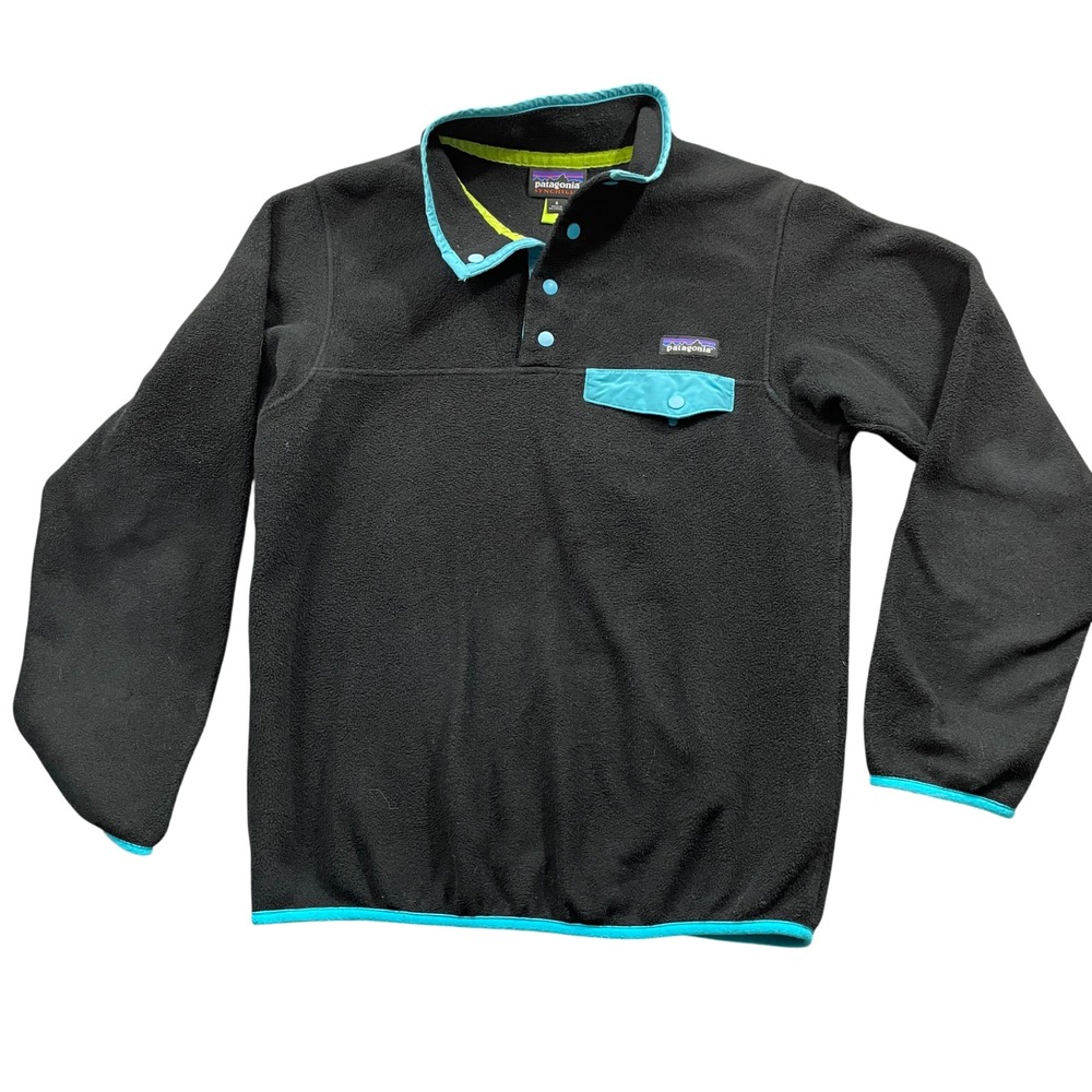 Patagonia‎ Small Women's Synchilla Black Teal Trim 100% Polyester 1/4 Snap